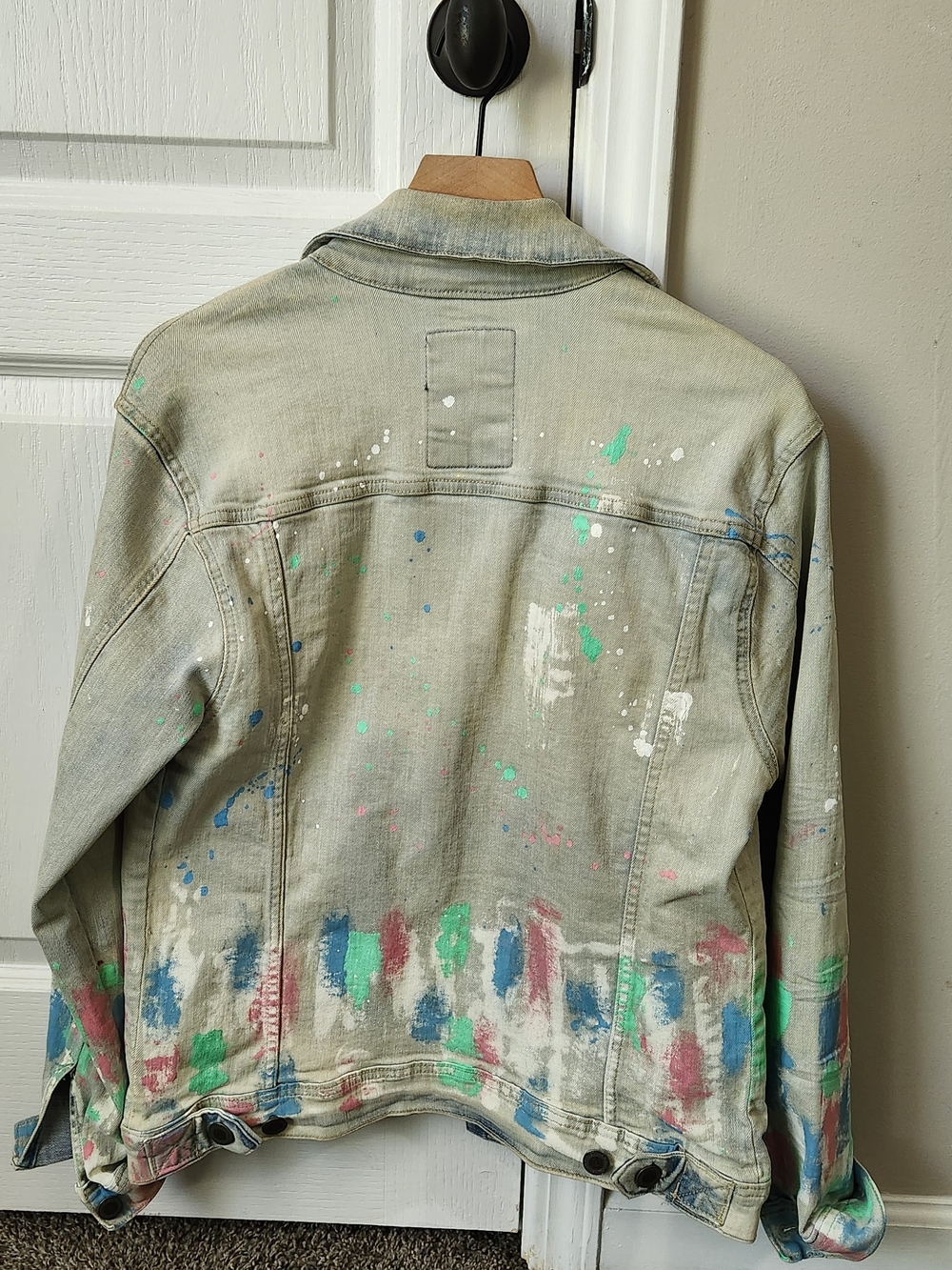 Copper Rivet Paint-Splatter Denim Jacket - Light Washed Blue - Picture 2 of 3
